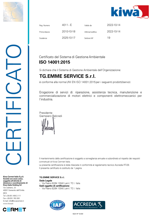 Ambiente – UNI EN ISO 14001:2015 – Sede di Leinì (TO)