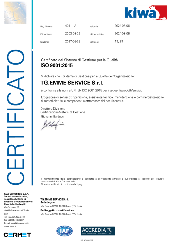 Qualità – UNI EN ISO 9001:2015 – Sede di Leinì (TO)