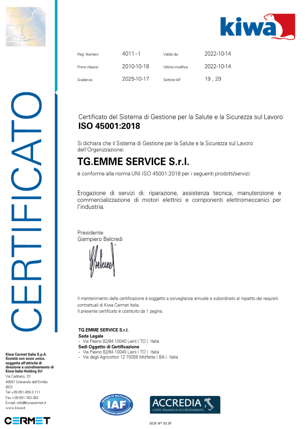 Qualità – UNI EN ISO 9001:2015 – Sede di Leinì (TO) –